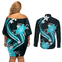 Aqua Polynesian Pattern With Tropical Flowers Couples Matching Off Shoulder Short Dress and Long Sleeve Button Shirt LT05 - Polynesian Pride