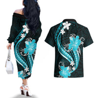 Aqua Polynesian Pattern With Tropical Flowers Couples Matching Off The Shoulder Long Sleeve Dress and Hawaiian Shirt LT05 - Polynesian Pride