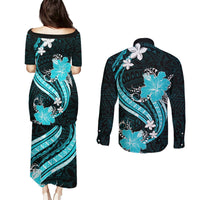 Aqua Polynesian Pattern With Tropical Flowers Couples Matching Puletasi Dress and Long Sleeve Button Shirt LT05 - Polynesian Pride
