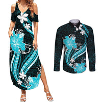 Aqua Polynesian Pattern With Tropical Flowers Couples Matching Summer Maxi Dress and Long Sleeve Button Shirt LT05 Aqua - Polynesian Pride