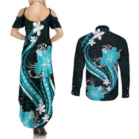 Aqua Polynesian Pattern With Tropical Flowers Couples Matching Summer Maxi Dress and Long Sleeve Button Shirt LT05 - Polynesian Pride