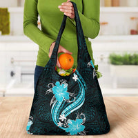Aqua Polynesian Pattern With Tropical Flowers Grocery Bag