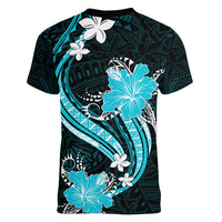 Aqua Polynesian Pattern With Tropical Flowers Women V Neck T Shirt LT05 - Polynesian Pride