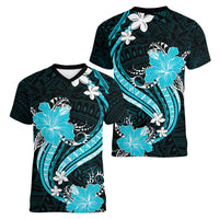 Aqua Polynesian Pattern With Tropical Flowers Women V Neck T Shirt LT05 - Polynesian Pride