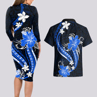 Blue Polynesian Pattern With Tropical Flowers Couples Matching Long Sleeve Bodycon Dress and Hawaiian Shirt LT05 - Polynesian Pride