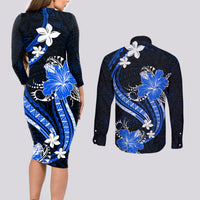 Blue Polynesian Pattern With Tropical Flowers Couples Matching Long Sleeve Bodycon Dress and Long Sleeve Button Shirt LT05 - Polynesian Pride
