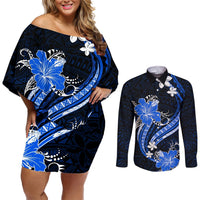 Blue Polynesian Pattern With Tropical Flowers Couples Matching Off Shoulder Short Dress and Long Sleeve Button Shirt LT05 Blue - Polynesian Pride