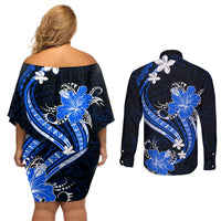 Blue Polynesian Pattern With Tropical Flowers Couples Matching Off Shoulder Short Dress and Long Sleeve Button Shirt LT05 - Polynesian Pride