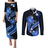 Blue Polynesian Pattern With Tropical Flowers Couples Matching Puletasi Dress and Long Sleeve Button Shirt LT05 Blue - Polynesian Pride