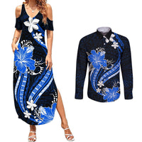 Blue Polynesian Pattern With Tropical Flowers Couples Matching Summer Maxi Dress and Long Sleeve Button Shirt LT05 Blue - Polynesian Pride