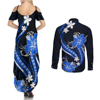 Blue Polynesian Pattern With Tropical Flowers Couples Matching Summer Maxi Dress and Long Sleeve Button Shirt LT05 - Polynesian Pride