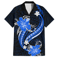 Blue Polynesian Pattern With Tropical Flowers Family Matching Off Shoulder Long Sleeve Dress and Hawaiian Shirt LT05 Dad's Shirt - Short Sleeve Blue - Polynesian Pride