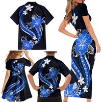 Blue Polynesian Pattern With Tropical Flowers Family Matching Short Sleeve Bodycon Dress and Hawaiian Shirt LT05 - Polynesian Pride