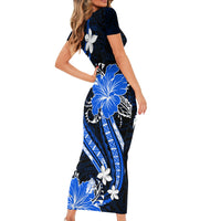 Blue Polynesian Pattern With Tropical Flowers Short Sleeve Bodycon Dress LT05 - Polynesian Pride