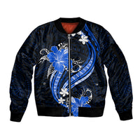 Blue Polynesian Pattern With Tropical Flowers Sleeve Zip Bomber Jacket LT05 Unisex Blue - Polynesian Pride