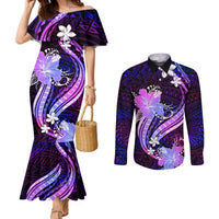 Galaxy Polynesian Pattern With Tropical Flowers Couples Matching Mermaid Dress and Long Sleeve Button Shirt LT05 Galaxy - Polynesian Pride