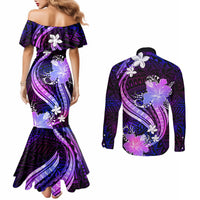 Galaxy Polynesian Pattern With Tropical Flowers Couples Matching Mermaid Dress and Long Sleeve Button Shirt LT05 - Polynesian Pride
