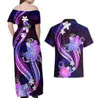 Galaxy Polynesian Pattern With Tropical Flowers Couples Matching Off Shoulder Maxi Dress and Hawaiian Shirt LT05 - Polynesian Pride