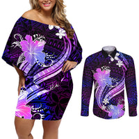 Galaxy Polynesian Pattern With Tropical Flowers Couples Matching Off Shoulder Short Dress and Long Sleeve Button Shirt LT05 Galaxy - Polynesian Pride