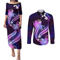 Galaxy Polynesian Pattern With Tropical Flowers Couples Matching Puletasi Dress and Long Sleeve Button Shirt LT05 Galaxy - Polynesian Pride