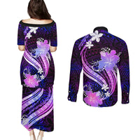 Galaxy Polynesian Pattern With Tropical Flowers Couples Matching Puletasi Dress and Long Sleeve Button Shirt LT05 - Polynesian Pride