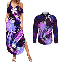 Galaxy Polynesian Pattern With Tropical Flowers Couples Matching Summer Maxi Dress and Long Sleeve Button Shirt LT05 Galaxy - Polynesian Pride