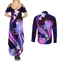 Galaxy Polynesian Pattern With Tropical Flowers Couples Matching Summer Maxi Dress and Long Sleeve Button Shirt LT05 - Polynesian Pride