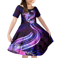 Galaxy Polynesian Pattern With Tropical Flowers Family Matching Off Shoulder Long Sleeve Dress and Hawaiian Shirt LT05 Daughter's Dress Galaxy - Polynesian Pride