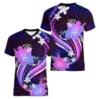 Galaxy Polynesian Pattern With Tropical Flowers Women V Neck T Shirt LT05 - Polynesian Pride