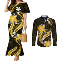 Gold Polynesian Pattern With Tropical Flowers Couples Matching Mermaid Dress and Long Sleeve Button Shirt LT05 Gold - Polynesian Pride