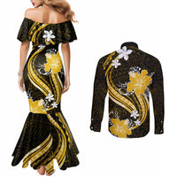 Gold Polynesian Pattern With Tropical Flowers Couples Matching Mermaid Dress and Long Sleeve Button Shirt LT05 - Polynesian Pride