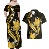 Gold Polynesian Pattern With Tropical Flowers Couples Matching Off Shoulder Maxi Dress and Hawaiian Shirt LT05 - Polynesian Pride