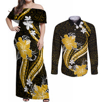 Gold Polynesian Pattern With Tropical Flowers Couples Matching Off Shoulder Maxi Dress and Long Sleeve Button Shirt LT05 Gold - Polynesian Pride