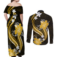 Gold Polynesian Pattern With Tropical Flowers Couples Matching Off Shoulder Maxi Dress and Long Sleeve Button Shirt LT05 - Polynesian Pride