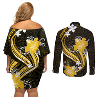 Gold Polynesian Pattern With Tropical Flowers Couples Matching Off Shoulder Short Dress and Long Sleeve Button Shirt LT05 - Polynesian Pride