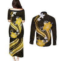 Gold Polynesian Pattern With Tropical Flowers Couples Matching Puletasi Dress and Long Sleeve Button Shirt LT05 - Polynesian Pride