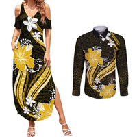 Gold Polynesian Pattern With Tropical Flowers Couples Matching Summer Maxi Dress and Long Sleeve Button Shirt LT05 Gold - Polynesian Pride