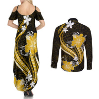 Gold Polynesian Pattern With Tropical Flowers Couples Matching Summer Maxi Dress and Long Sleeve Button Shirt LT05 - Polynesian Pride