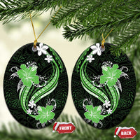 Green Polynesian Pattern With Tropical Flowers Ceramic Ornament