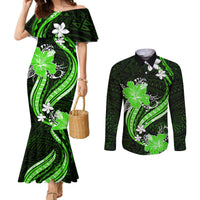 Green Polynesian Pattern With Tropical Flowers Couples Matching Mermaid Dress and Long Sleeve Button Shirt LT05 Green - Polynesian Pride