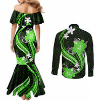 Green Polynesian Pattern With Tropical Flowers Couples Matching Mermaid Dress and Long Sleeve Button Shirt LT05 - Polynesian Pride