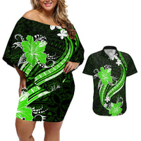 Green Polynesian Pattern With Tropical Flowers Couples Matching Off Shoulder Short Dress and Hawaiian Shirt LT05 Green - Polynesian Pride