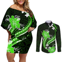 Green Polynesian Pattern With Tropical Flowers Couples Matching Off Shoulder Short Dress and Long Sleeve Button Shirt LT05 Green - Polynesian Pride