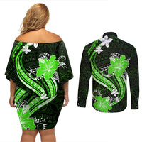 Green Polynesian Pattern With Tropical Flowers Couples Matching Off Shoulder Short Dress and Long Sleeve Button Shirt LT05 - Polynesian Pride