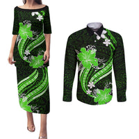 Green Polynesian Pattern With Tropical Flowers Couples Matching Puletasi Dress and Long Sleeve Button Shirt LT05 Green - Polynesian Pride