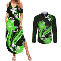 Green Polynesian Pattern With Tropical Flowers Couples Matching Summer Maxi Dress and Long Sleeve Button Shirt LT05 Green - Polynesian Pride