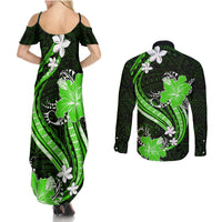 Green Polynesian Pattern With Tropical Flowers Couples Matching Summer Maxi Dress and Long Sleeve Button Shirt LT05 - Polynesian Pride
