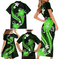 Green Polynesian Pattern With Tropical Flowers Family Matching Short Sleeve Bodycon Dress and Hawaiian Shirt LT05 - Polynesian Pride