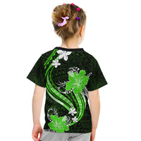 Green Polynesian Pattern With Tropical Flowers Kid T Shirt LT05 - Polynesian Pride