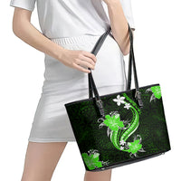 Green Polynesian Pattern With Tropical Flowers Leather Tote Bag LT05 - Polynesian Pride